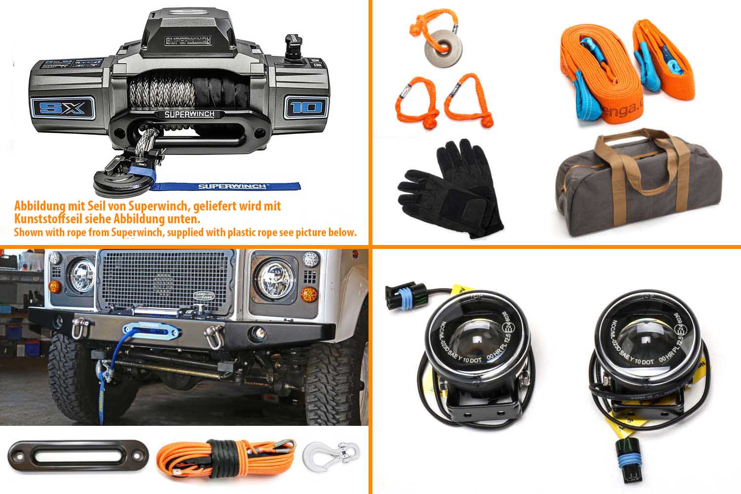 Seilwinden-Bundle mit Superwinch SX10, LED Scheinwerfern in schwarz mit Zubehör orange