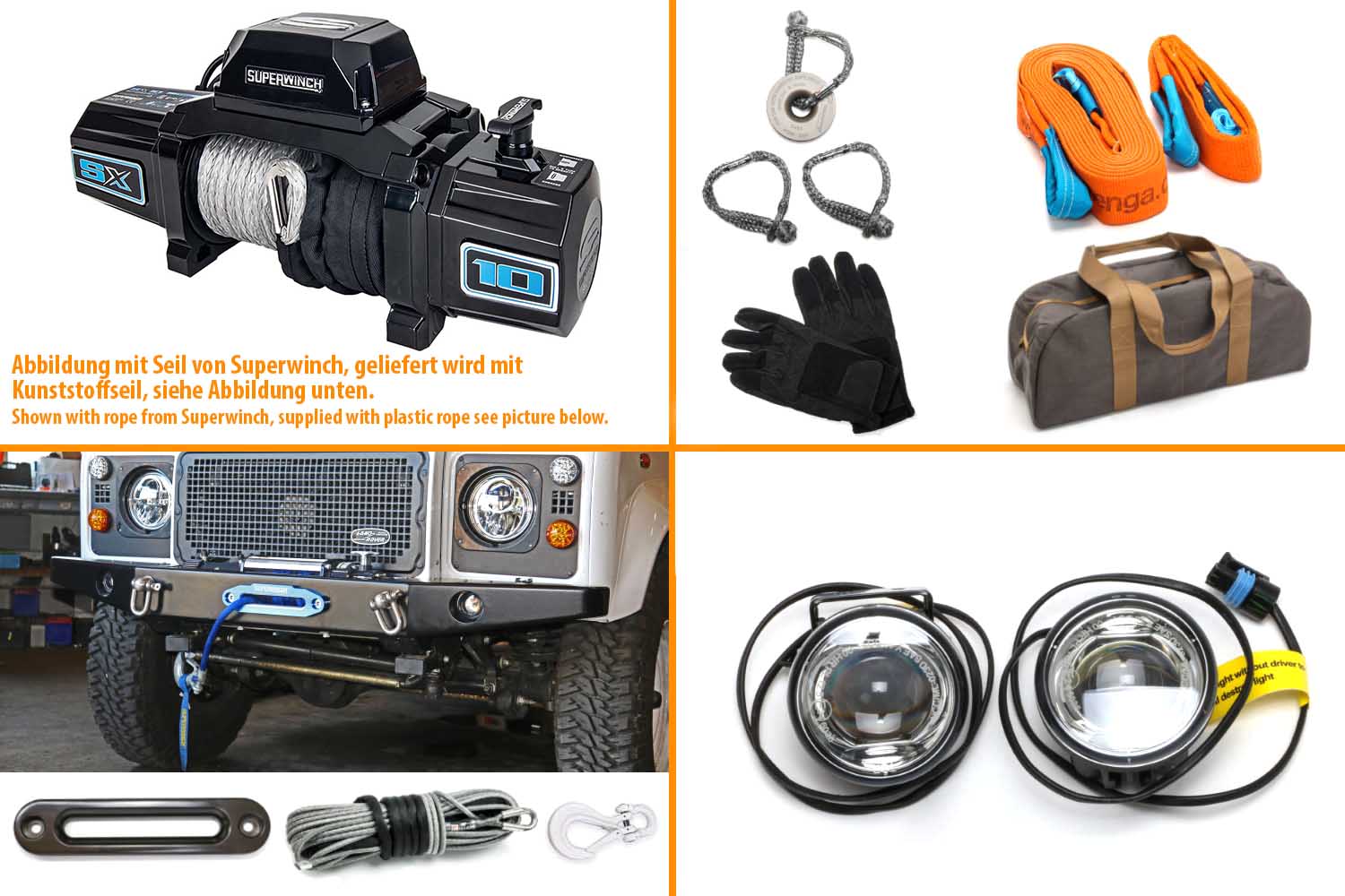 Superwinch SX10SR mit Nolden LED Fernscheinwerfern in chrom und Windenseil grau