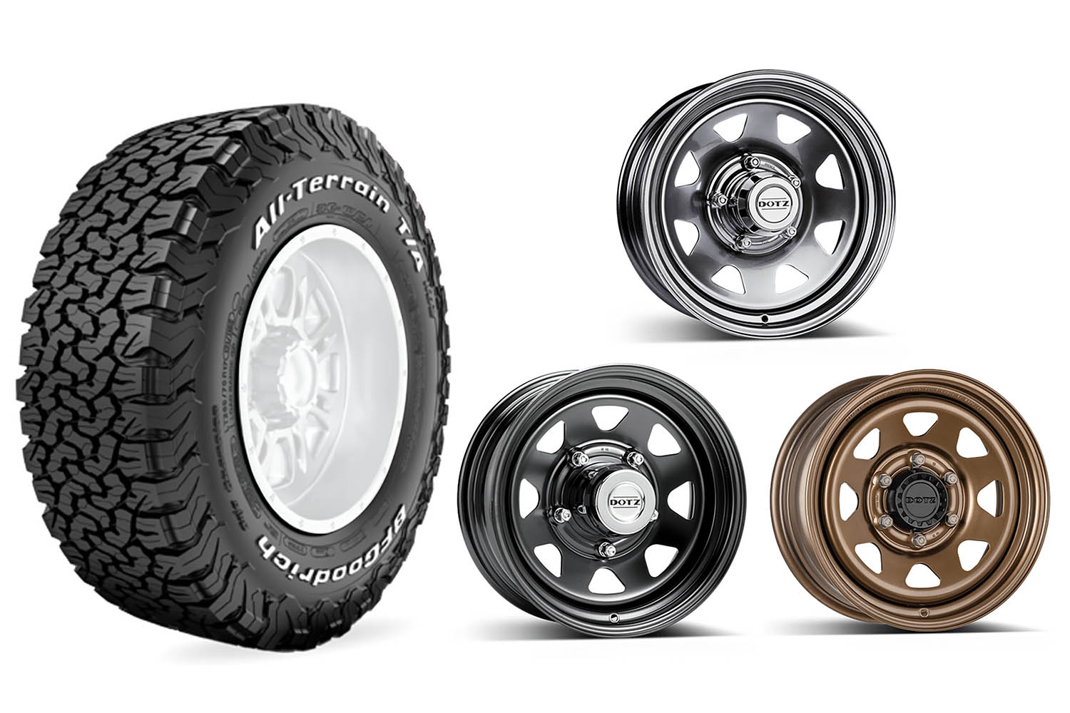 BF Goodrich 235/85R16 All Terrain T/A KO2 auf Dotz Dakar Stahlfelge, silber, schwarz oder bronze