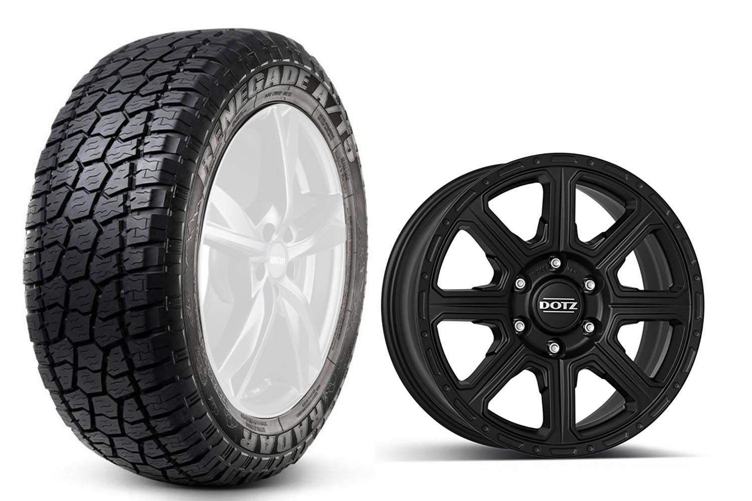 Komplettradsatz Radar Renegade A/T-5 265/65R18 114H auf Alufelge Dotz Kalahari Black 8x18"