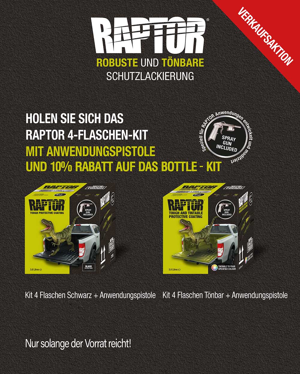 U-POL RAPTOR paint finish 4 bottle kit incl. free spray gun