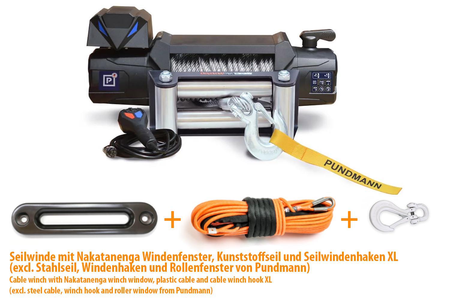 PUNDMANN Seilwinde 12V, 4,5t Zugkraft mit Windenfenster, Kunststoffseil, Seilwindenhaken