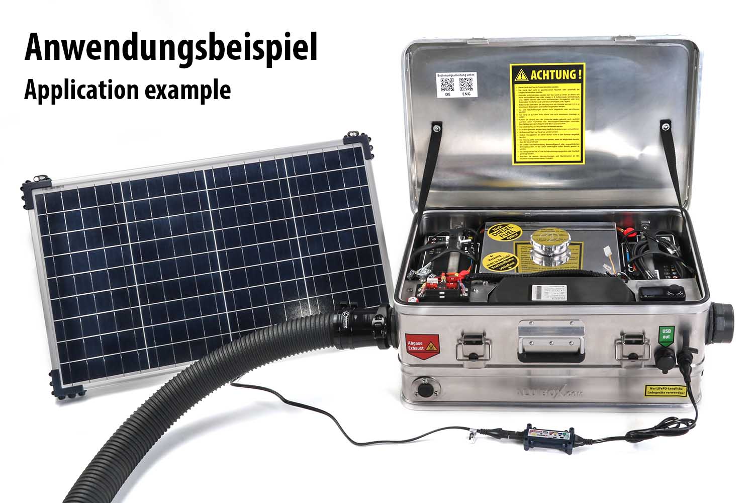 Heizbox mit LiFePo Batterie mit angeschlossenem Solarladegerät