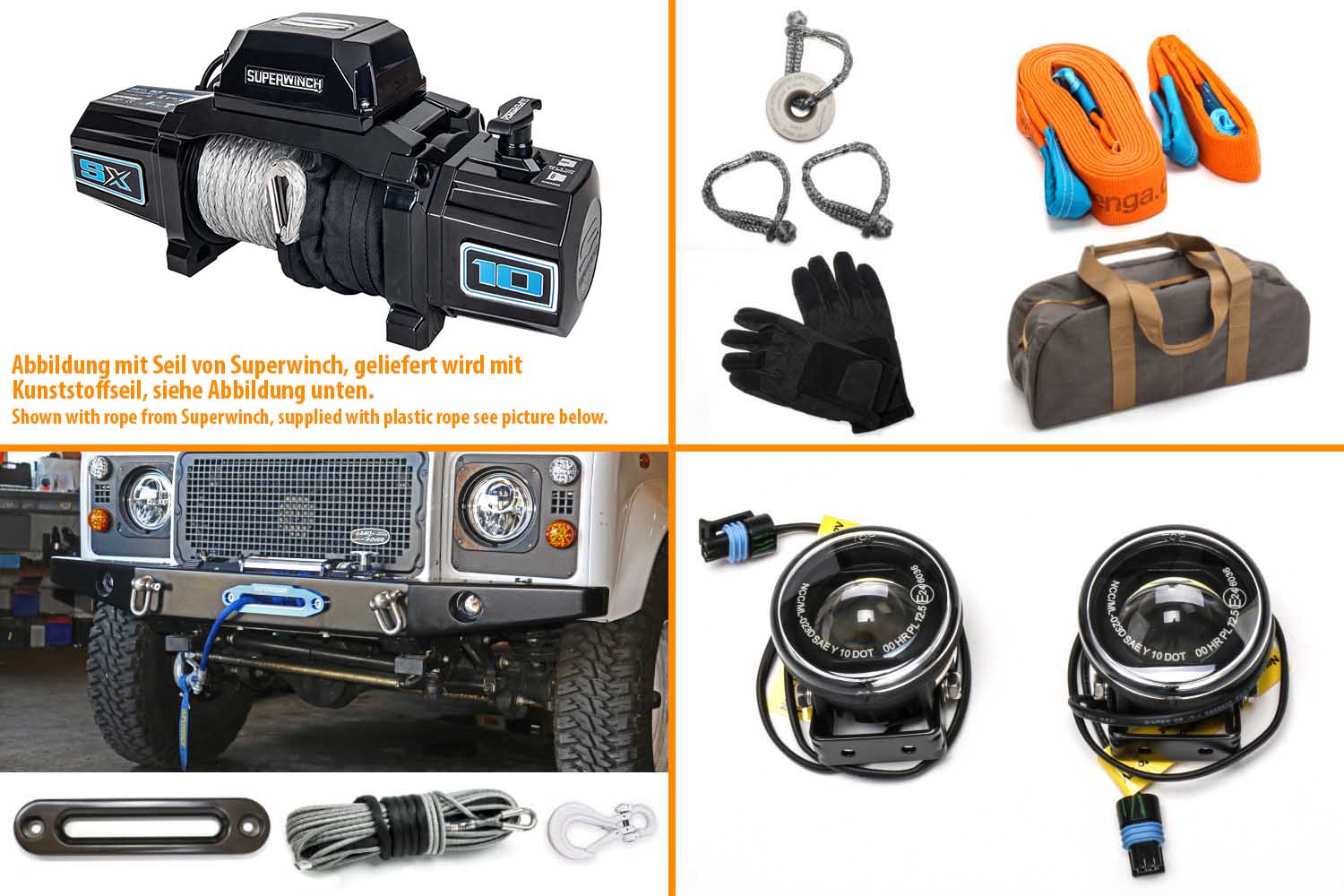 Superwinch SX10SR mit Nolden LED Fernscheinwerfern in schwarz und Windenseil grau