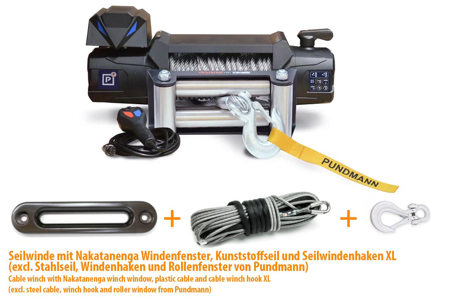 PUNDMANN Seilwinde 12V, 4,5t Zugkraft mit Windenfenster, Kunststoffseil, Seilwindenhaken