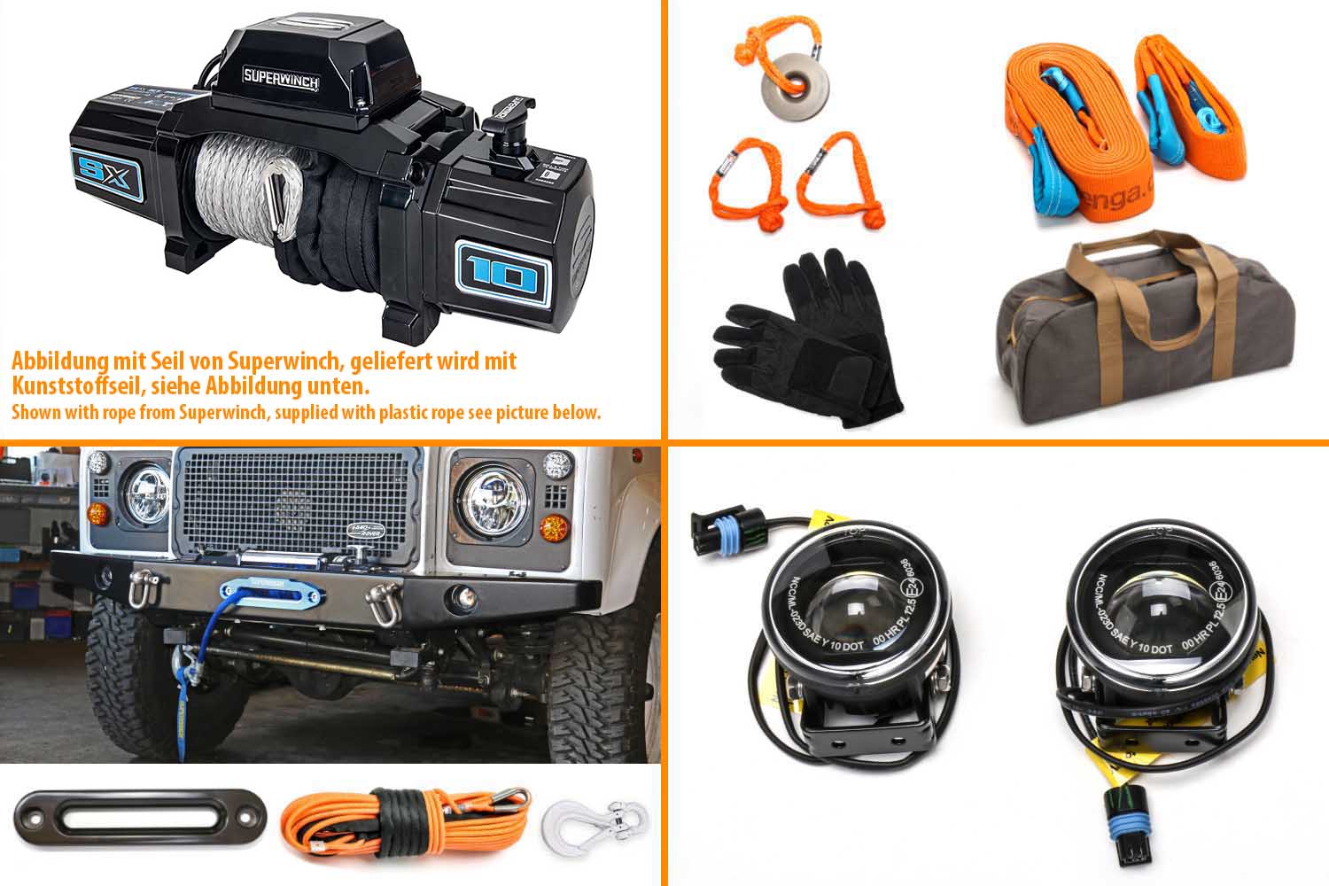 Superwinch SX10SR mit Nolden LED Fernscheinwerfern in schwarz und Windenseil orange