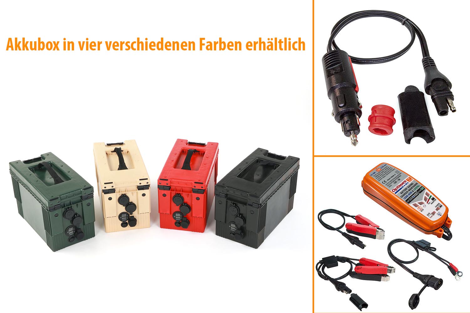 Akkubox mit AGM oder LiFePo Batterie, inkl. Ladegerät, in verschiedenen Farben