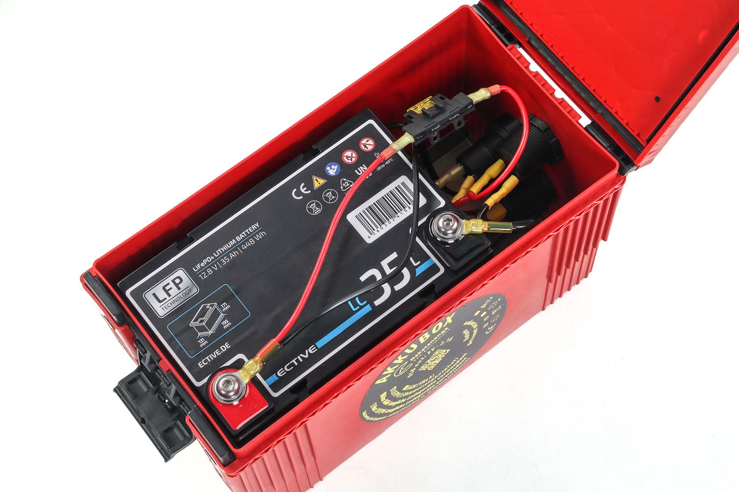 Red battery box with LiFePo battery, open