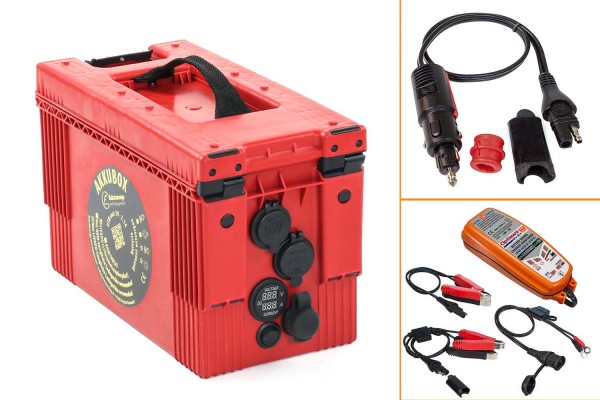 Akkubox mit AGM oder LiFePo Batterie, verschiedene Anschlüsse inkl. Ladegerät TM500 und Adapter, rot